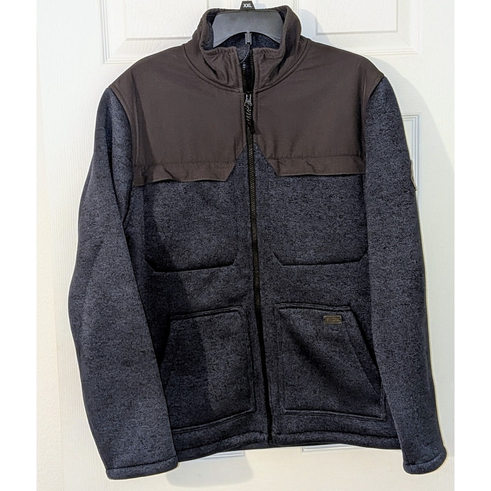 Ascend Mens Full Zip Sweater‎ Jacket Navy Black Knit Woven Yoke Mock Neck Medium